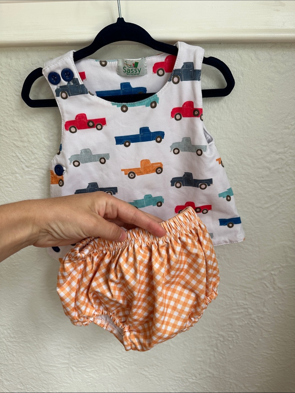 Boys Sassy Stitches Truck Print Top with Orange Gingham Diaper set